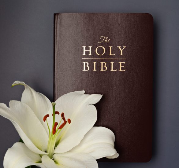 A symbolic Christian composition with Holy Bible lies beside a fresh white lily on a dark background as traditional Easter symbols